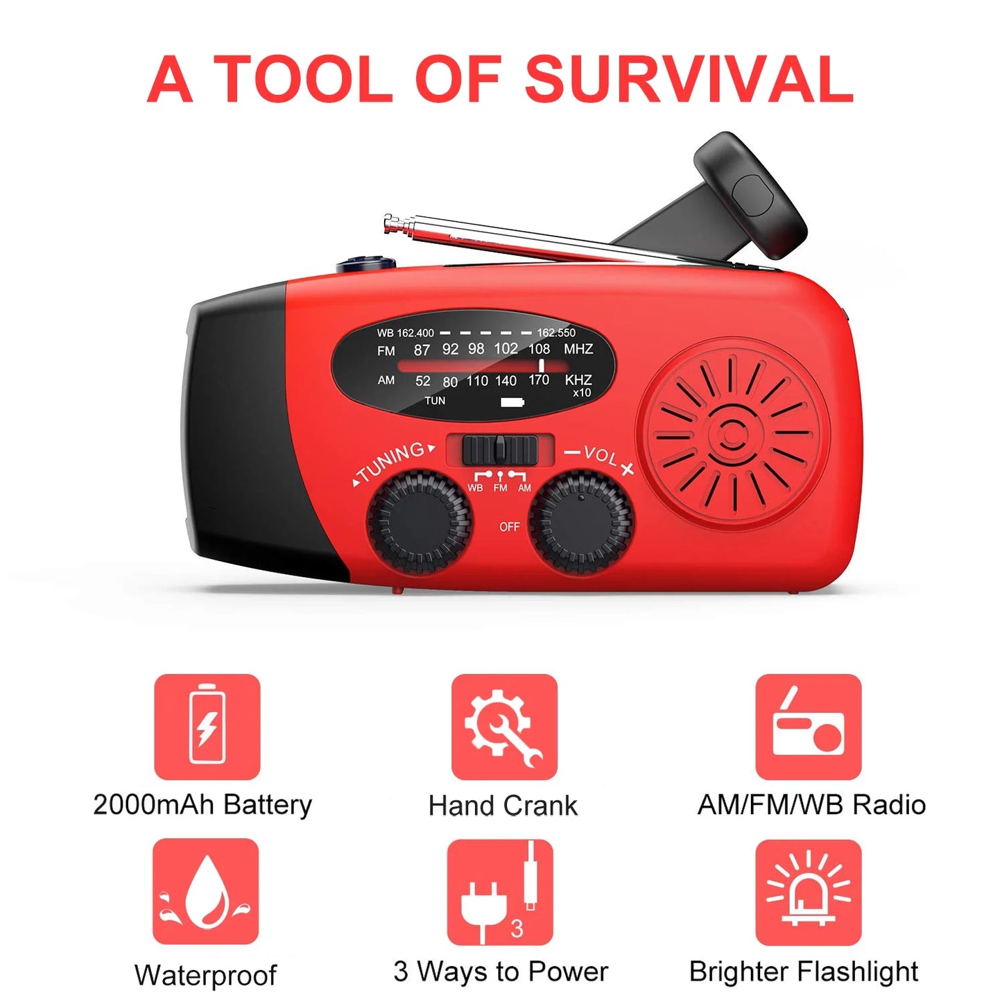NOAA Weather Emergency Radio, 7400Mwh/2000Mah AM/FM/WB Hand Crank Solar Radio, Portable Power Bank, Weather Alert, Flashlight for Outdoor Use