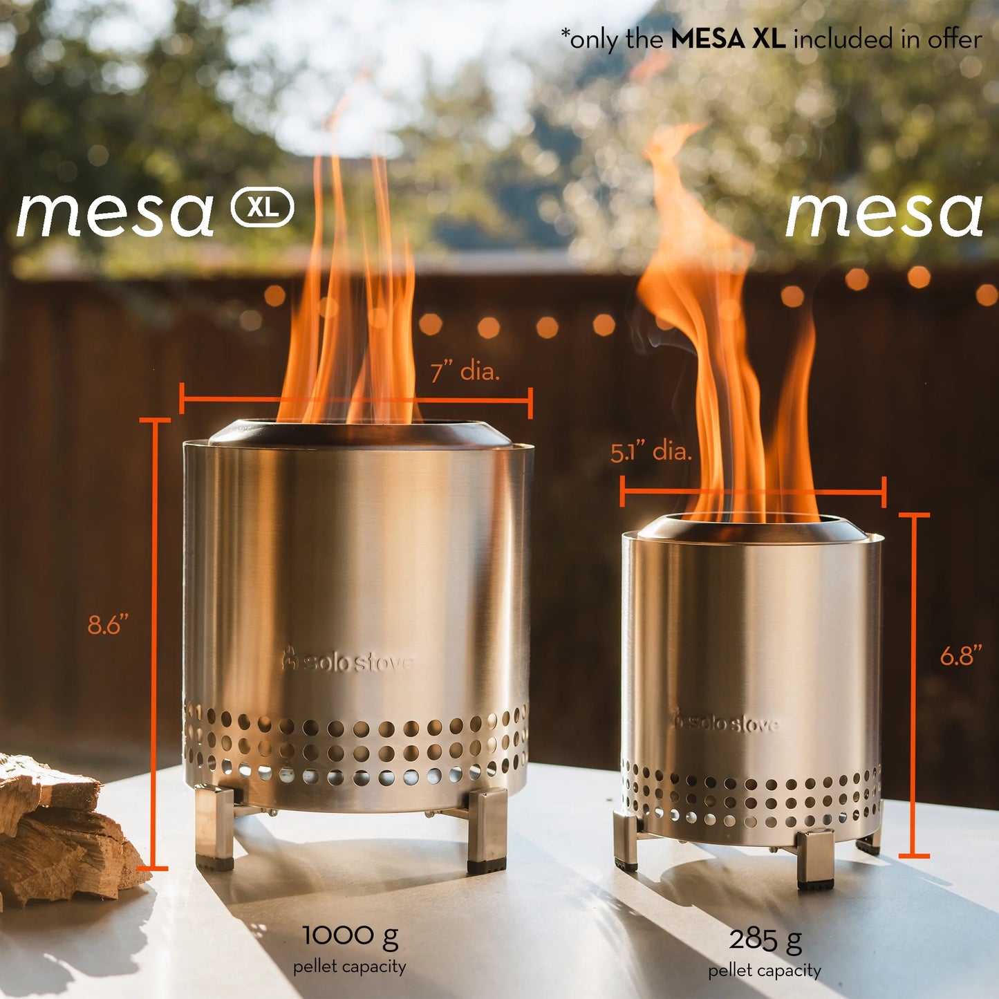Mesa XL Tabletop Fire Pit with Stand | Low Smoke Outdoor Mini Fire for Urban & Suburbs | Fueled by Pellets or Wood, Stainless Steel, with Travel Bag, H: 8.6" X D: 7", 2.3 Lbs, Silver