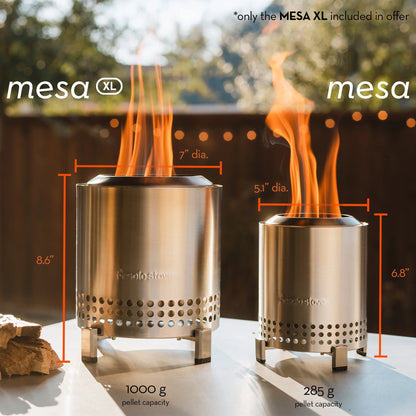 Mesa XL Tabletop Fire Pit with Stand | Low Smoke Outdoor Mini Fire for Urban & Suburbs | Fueled by Pellets or Wood, Stainless Steel, with Travel Bag, H: 8.6" X D: 7", 2.3 Lbs, Silver